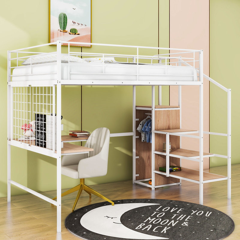 Ardella Metal Loft Bed with Desk and Wardrobe, Full, White