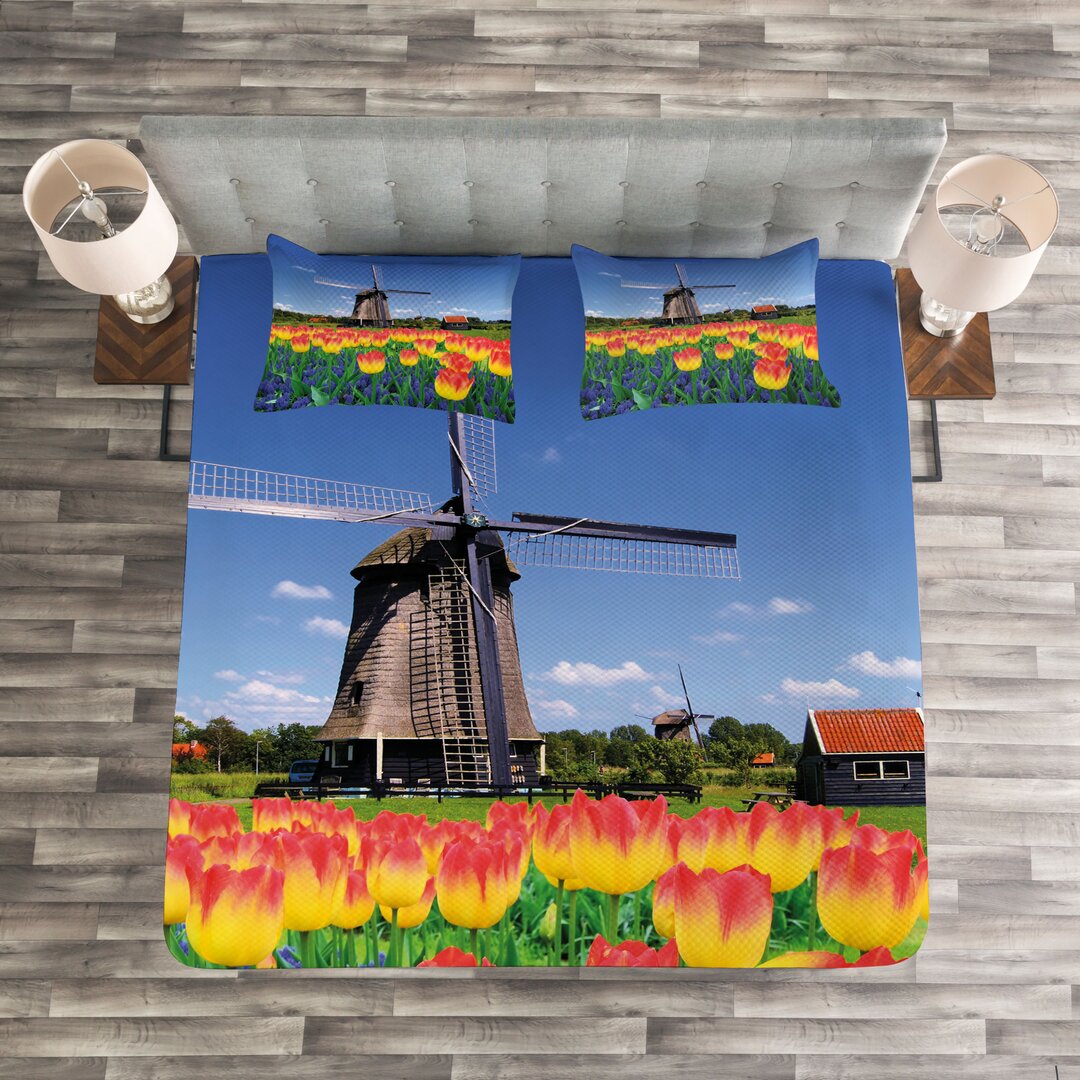 Gestepptes Bettdecken-Set, Blooming Tulip Windmill, Blume, Gelb / Blau