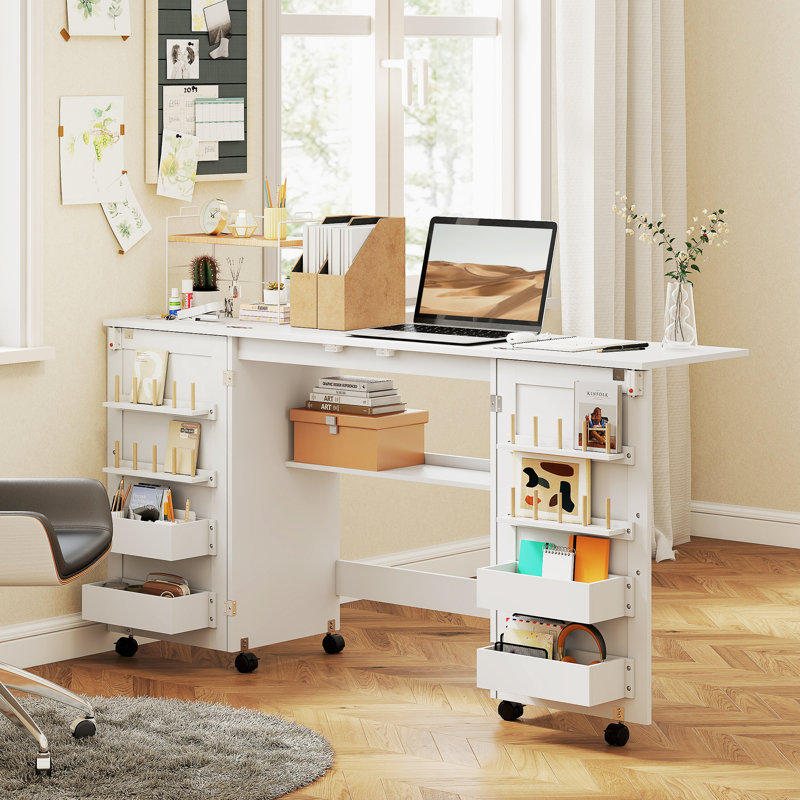 160cm x 40cm Foldable Sewing Table with Sewing Machine Platform and Wheels