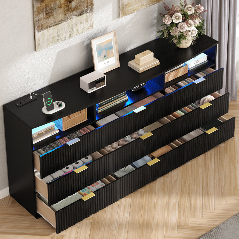 Fluted 9 Drawer Black Dresser With Led Lights, Charging Station & 3 Open Cubby, Modern Double Dresser  For Bedroom, Living Room