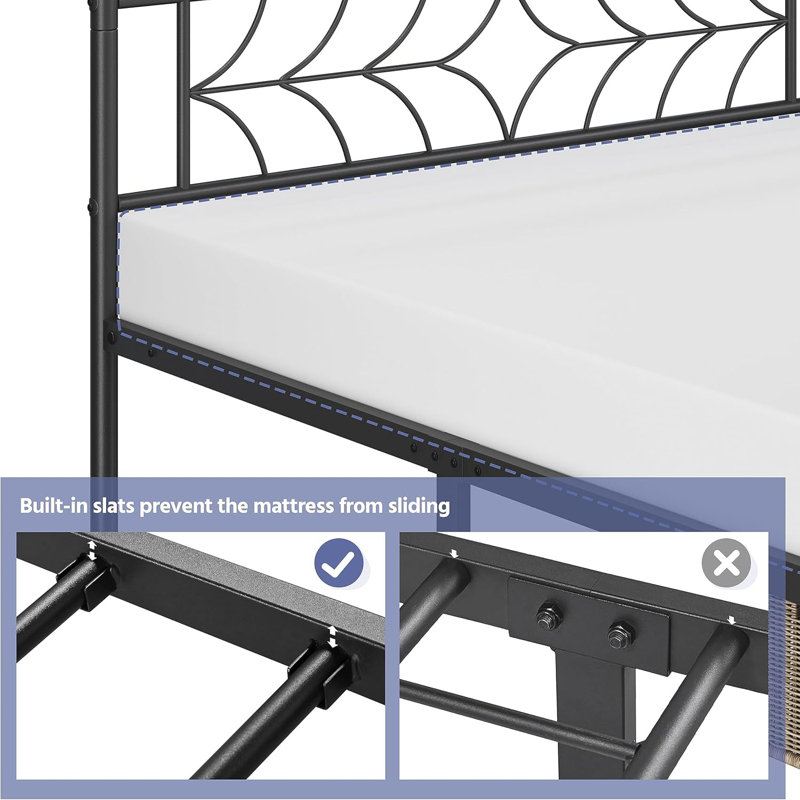 Queen Black Metal Bed Frame with Vintage Headboard and Storage