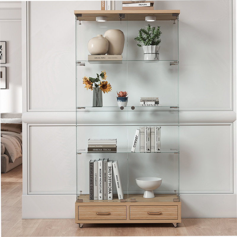 Modern Glass Display Cabinet with 2 Large Drawers , Quick-assembly Antique Cabinet with LED lights, Tempered Glass Bookshelf, 2-Door Storage Case with 4 Shelves
