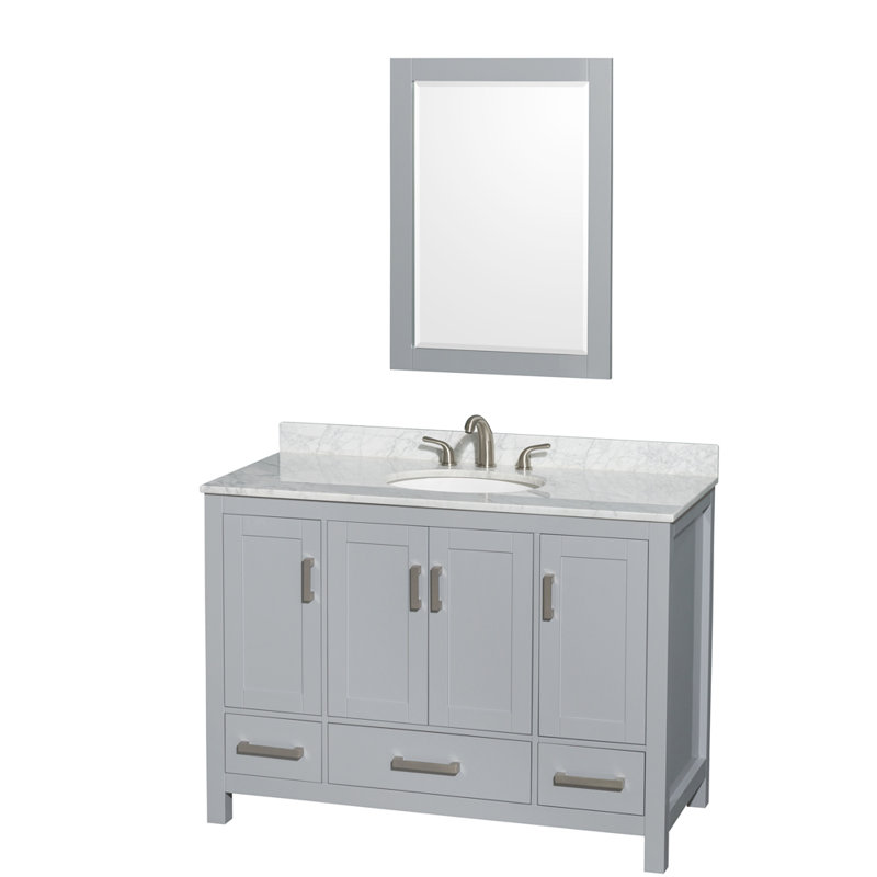 Sheffield 48" Freestanding Single Bathroom Vanity with Marble Top with 24" Mirror, White Carrara Marble, Gray 