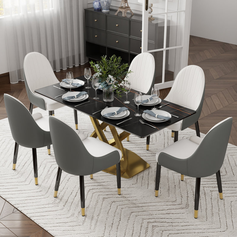 Ensemble de table de salle à manger moderne 7 pièces Zagan, Noir, Blanc / Gris / Noir, H 29,53 po x L 63 po x P 35,43 po