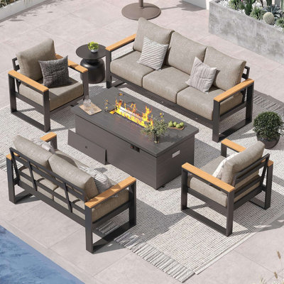 Ensemble de mobilier d'extérieur en aluminium avec table de foyer, canapé d'extérieur toutes saisons pour jardin, cour, porche ou balcon