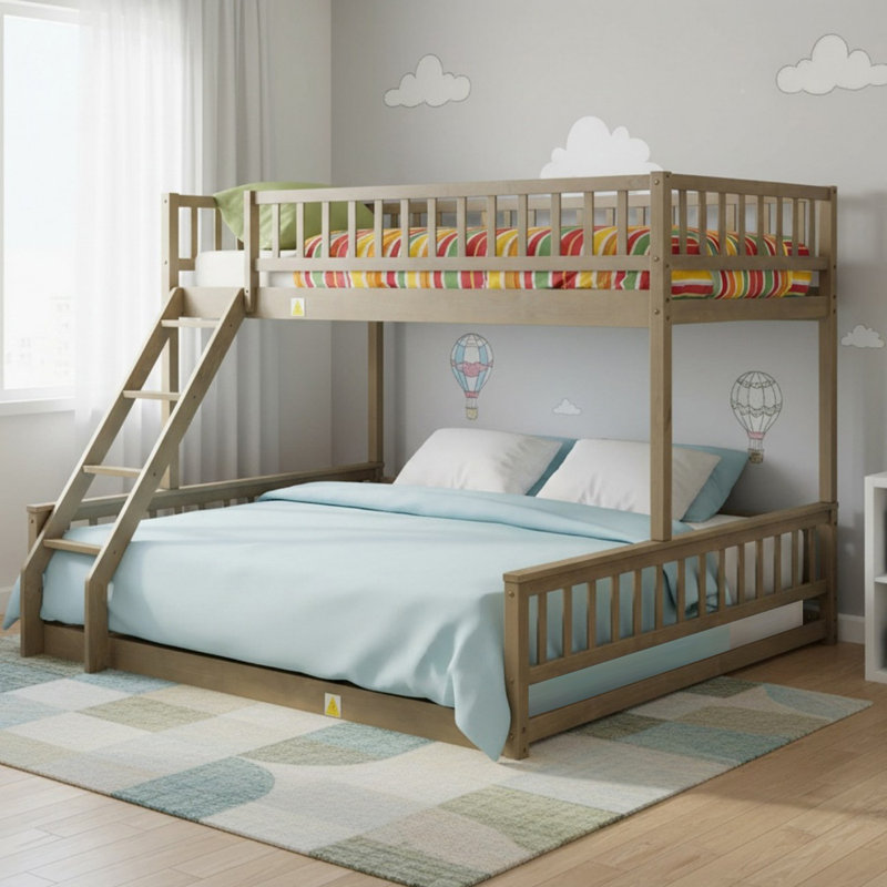 Lit superposé simple au-dessus de grand lit en bois massif avec échelle et garde-corps, 2 lits convertibles pour garçons et filles