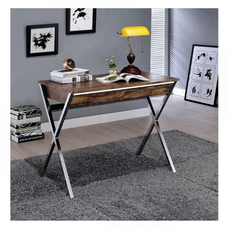 Bureau d'écriture rectangulaire avec 2 tiroirs, chêne vieilli et chrome