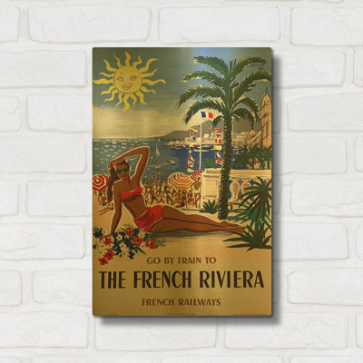 'Go By Train To The French Riviera 1955 By Herve Baille SNCF' By Vintage Posters Gold Metal Wall Art, 12" x 16"
