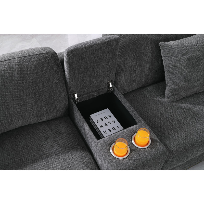 Modern 8 Seats Upholstered Cloud Corner Sectional Sofa With Console& Two Ottomans, Dark Gray Chenille