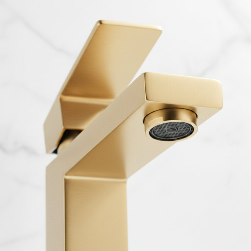 Robinet de lavabo monotrou en or brossé avec poignée - contrôle de l'eau en douceur, construction, cartouche de rouille, finition haute performance, conduites d'alimentation en acier inoxydable incluses, idéale pour l'installation.
