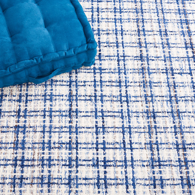 Nakara Abstract Hand Tufted Wool/Cotton Plaid Rug in Blue/Ivory, Rectangle 6' x 9'