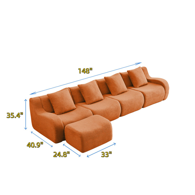 Canapé en forme de L à 4 places avec tissu, Orange moelleux