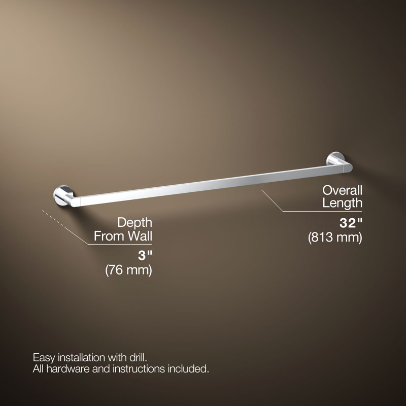 18" Wall Mounted Towel Bar, 30"W, Polished Chrome