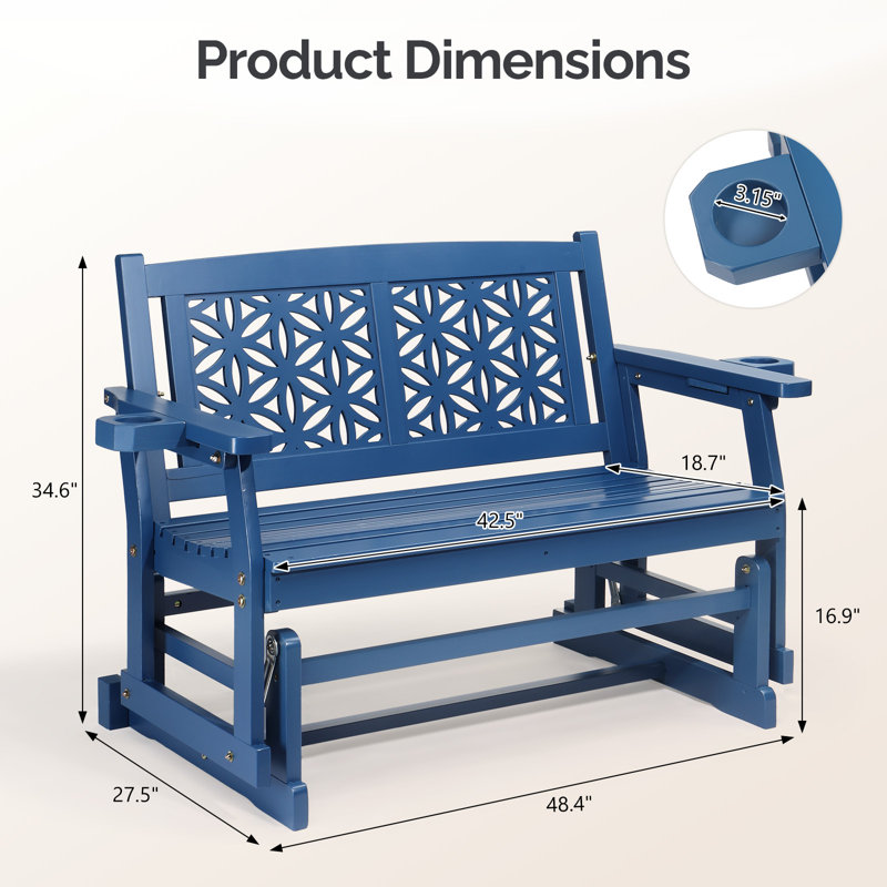 Banc oscillant en bois de sapin à double assise avec dossier floral, Bleu