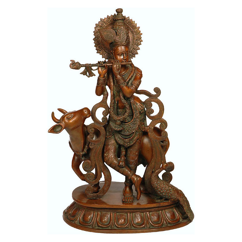 Krishna cannelé de grande taille avec vache et paon