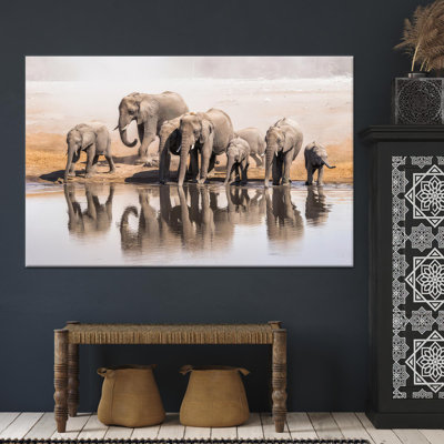 Reproduction d'art sur toile imprimée, "Majestic Elephants in Safari Decor", toile tendue 1P