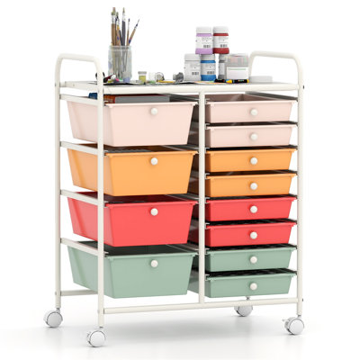  12-Drawer Rolling Storage Cart with Locking Casters, Beige Frame & Multicolor Drawers, Heavy-Duty Metal Utility Cart for Kitchen, Craft Room, Office, Multicolor