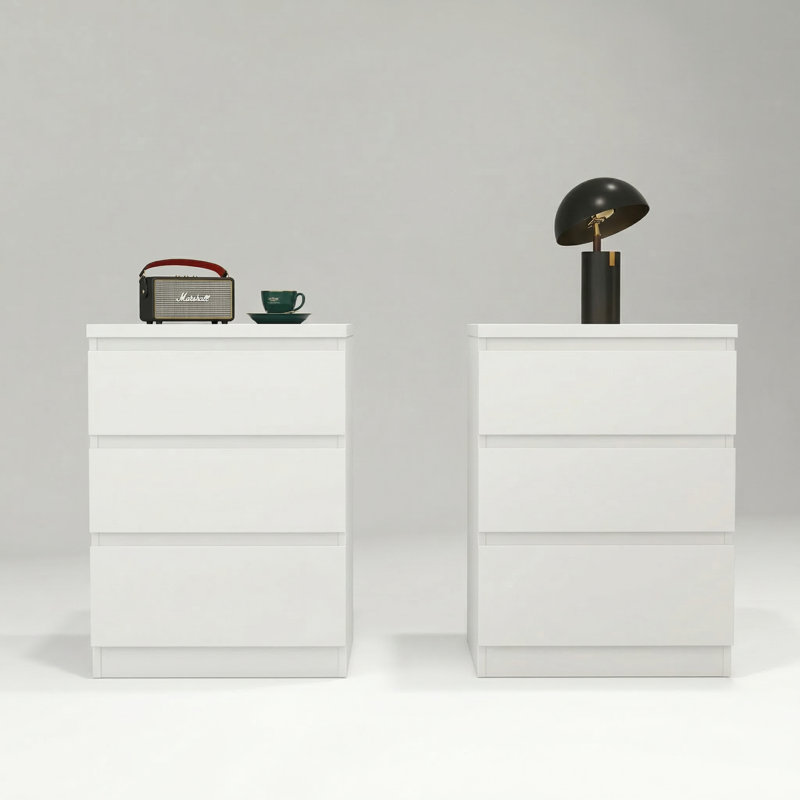 Ensemble de deux tables de chevet modernes à trois tiroirs blanches avec rangement convertible et conception sans poignée pour l'organisation de la chambre à coucher et du salon