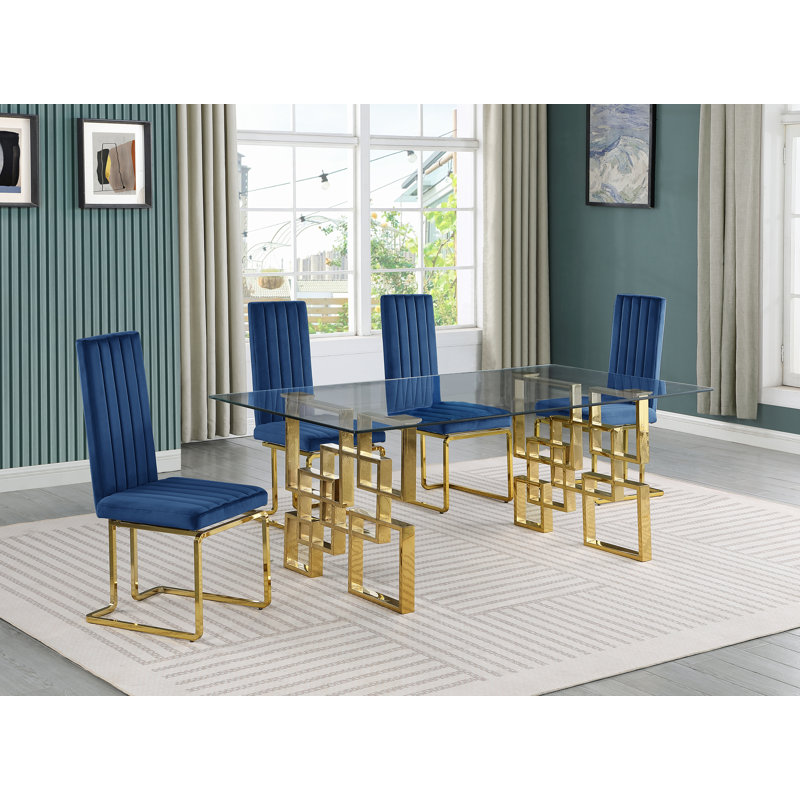 Deautre 4 - Person Double Pedestal Dining Set, Navy/Gold, Gold