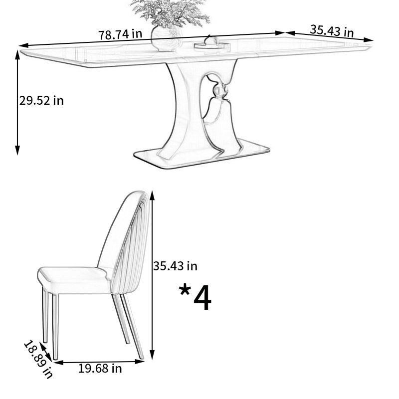 Ensemble de table de salle à manger rectangulaire et chaises en microlite, H 29,52 po x L 78,74 po x l 35,43 po