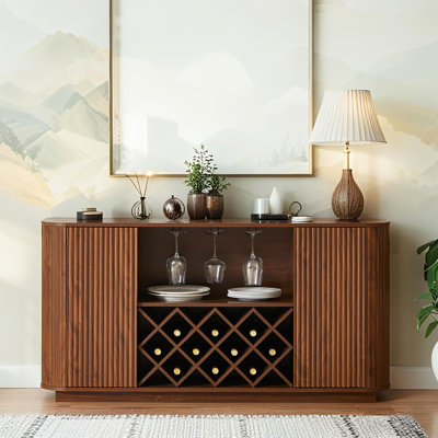 Mid-Century Wine Coffee Bar Cabinet, Adjustable Wine Rack & Wine Glass Holder by Millwood Pines