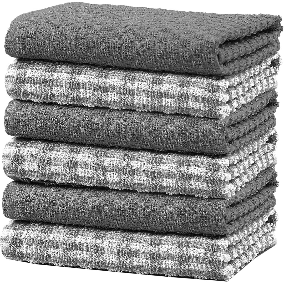 Ascot Check Terry Tea Towels- 100% Cotton, Red- 6 PK