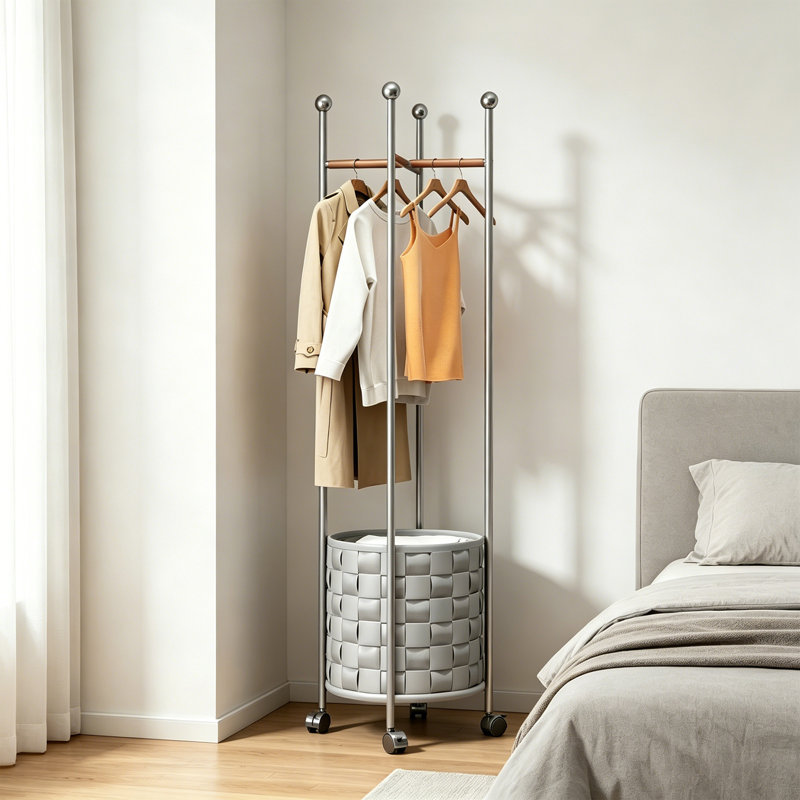 Modern Coat Rack with Storage Basket, Light Gray