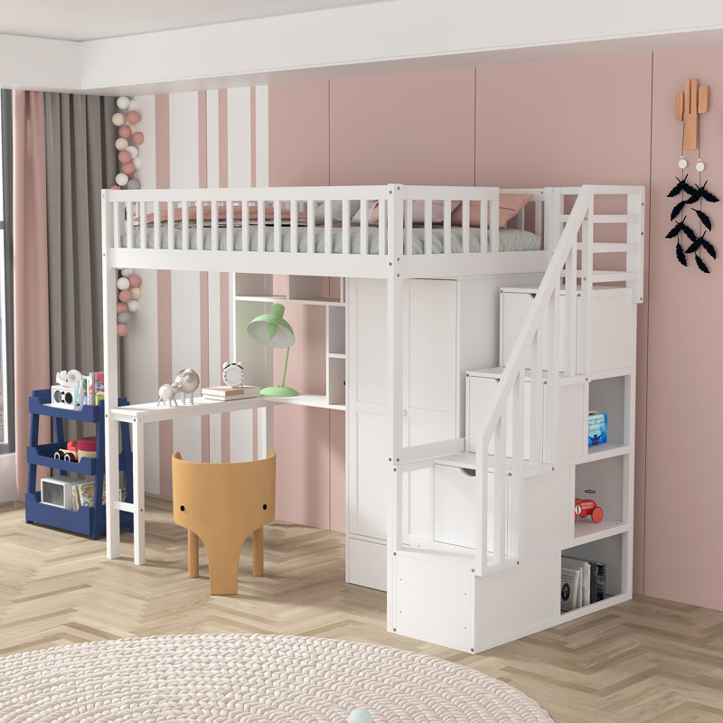 Lit mezzanine simple avec bureau intégré Followill par Harriet Bee, Blanc