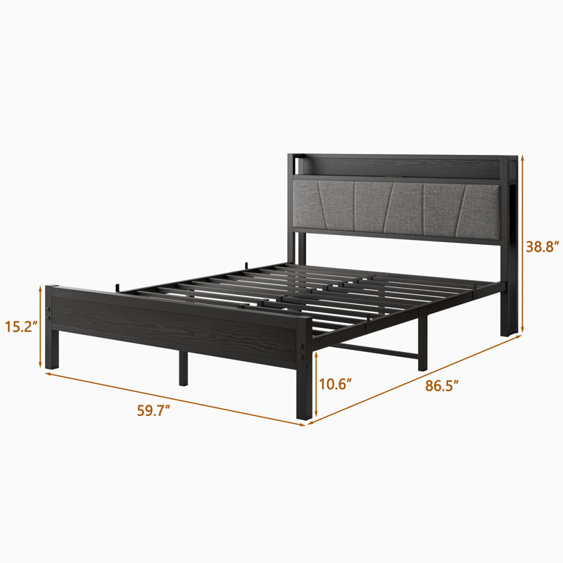 Queen Size Bed Frame, Storage Headboard With Charging Station, Solid And Stable, No Box Spring Needed, Easy Assembly, Queen