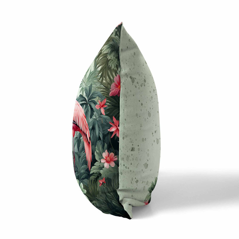 Coussin Tropical Flamingo Haven, H 16 po x l 16 po, Vert / rose