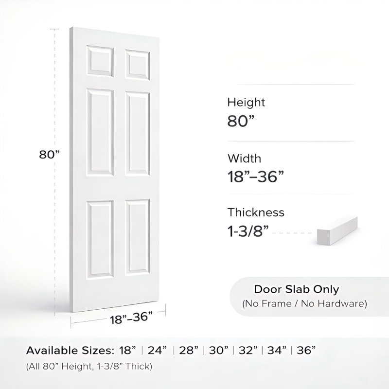 Dalle de porte intérieure à 6 panneaux apprêtés à noyau creux, 32 po x 80 po, Réversible