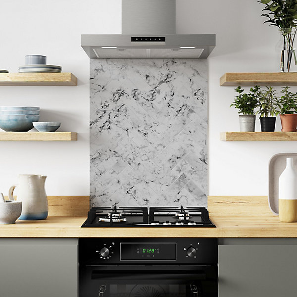 Carrara Marble Herringbone Aluminium Kitchen Splashback, 80 cm x 60 cm
