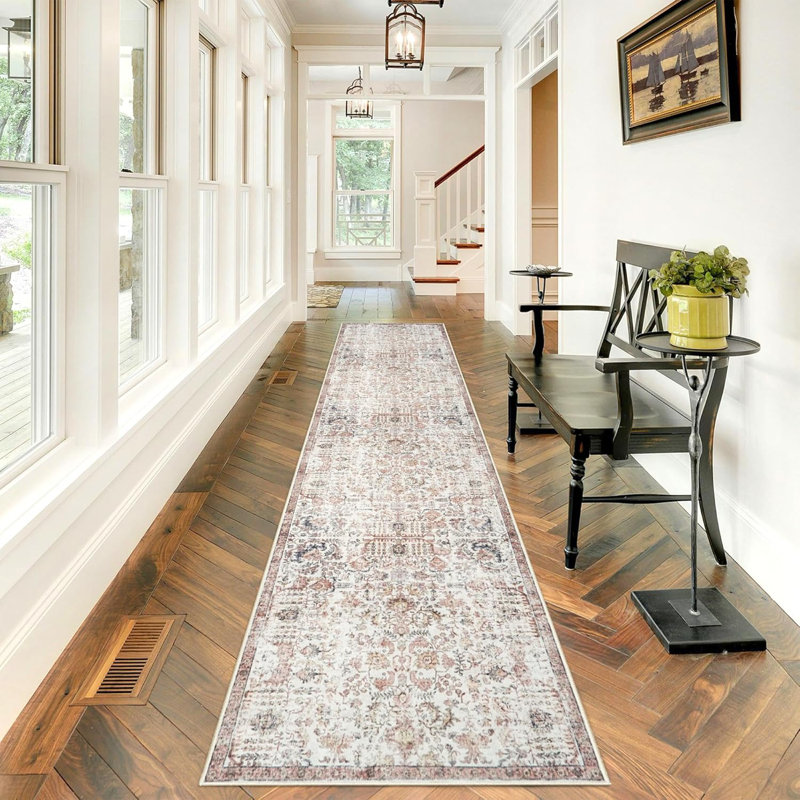 Hallway Washable Rug - Kitchen Rugs Entryway Rug Non Slip Indoor Farmhouse Carpet for Living Room Bedroom Bathroom Vintage Floor Decoration Mat (Maroon)