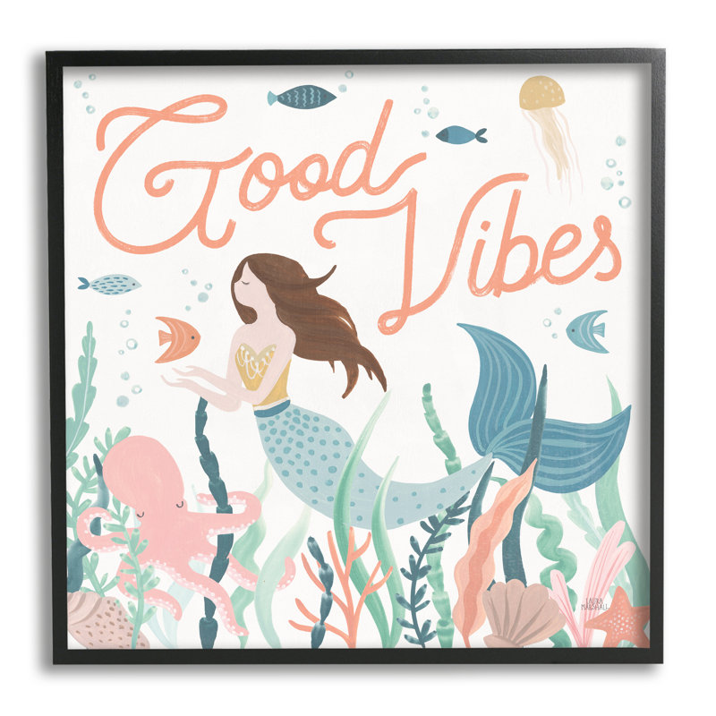 «Good Vibes» sirène sous l'eau, H 12 po x l 12 po x P 1,5 po, Giclée encadrée noir minuit
