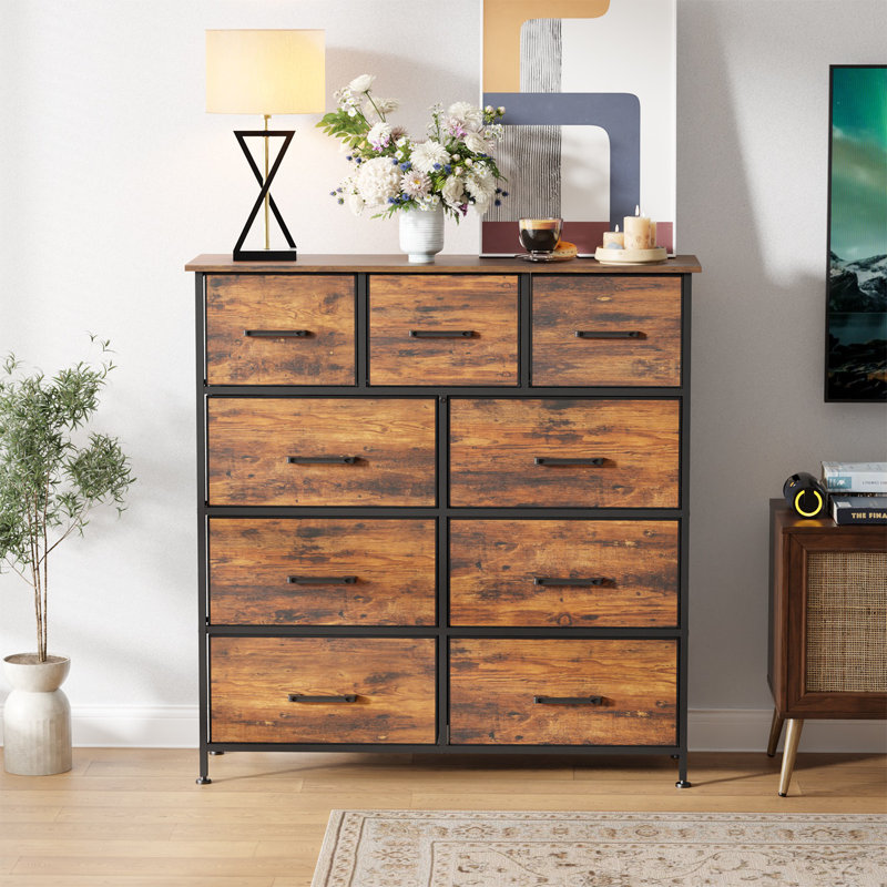 9-Drawer Fabric Dresser Sturdy Storage Tower Dresser For Bedroom With Metal Frame Clothes Organizer Easy-Pull Fabric Bins For Bedroom Closet Nursery, Nature