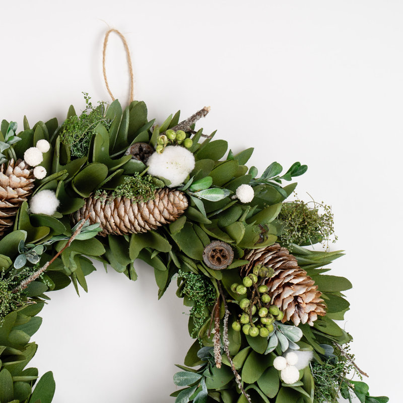 38cm Faux Cotton Ball Wood Shave Wreath