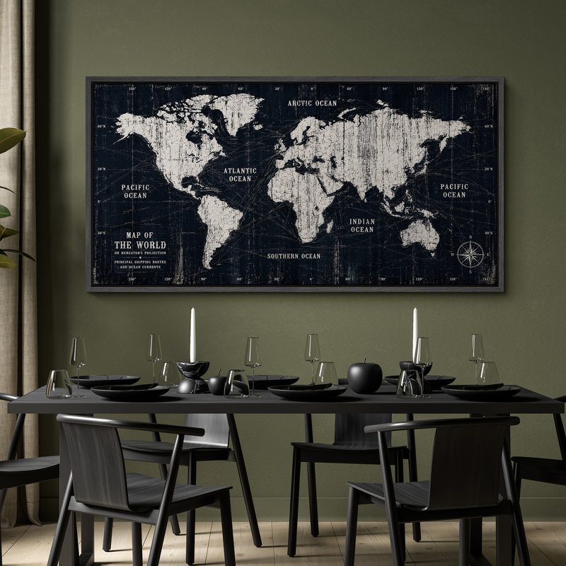 Œuvre d'art rétro vintage et noir et blanc carte du monde carte de navigation - impression sur toile encadrée, Black
