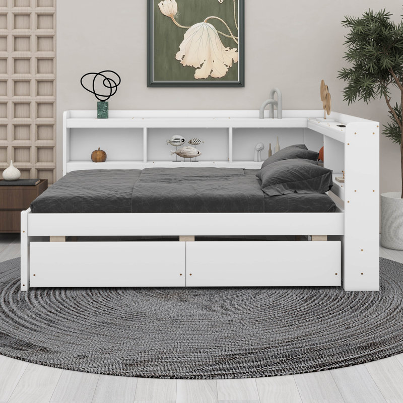 Lit double en forme de L avec bibliothèques USB, 2 tiroirs, Blanc