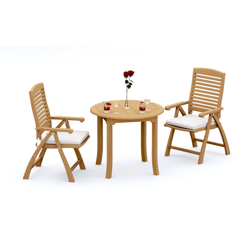 2 Seats 3 Pcs Grade-A Teak Wood Dining Set: 36" Round Table And 2 Ashely Folding Reclining Arm Chairs #11AS0702, 2