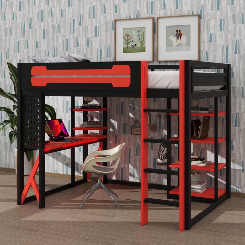 Lit mezzanine double en bois avec bureau, tablettes, prise de courant et ports USB / Type-C, plus éclairage DEL, Noir / Rouge