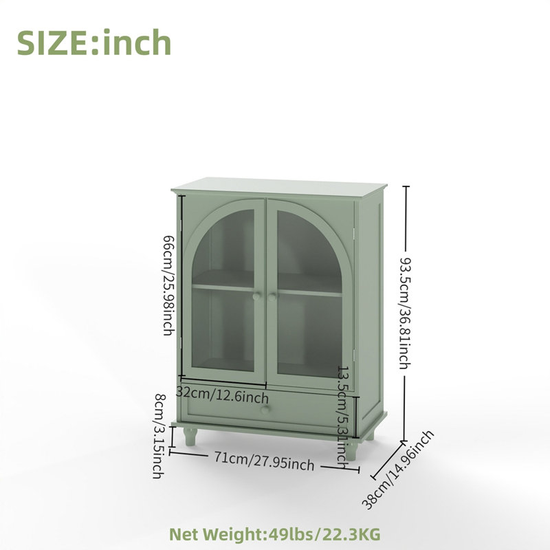 Buffet Farmhouse avec portes en verre à double arche, armoire de rangement verte avec plateau à niveaux et 1 tiroir pour la cuisine, le salon, le bar à café