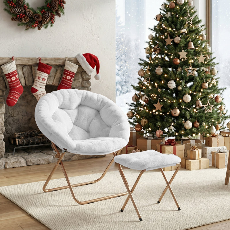 Chaise de soucoupe rembourrée avec repose-pieds, chaise pliante en fausse fourrure Papasan pour salon, chambre à coucher