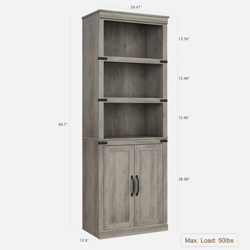 Teon 5 Tier Bookcase with Cabinet, Farmhouse BookShelf with Storage Doors, 68.7" Tall Wooden 5 Shelf Book Case for Home Office, Living Room