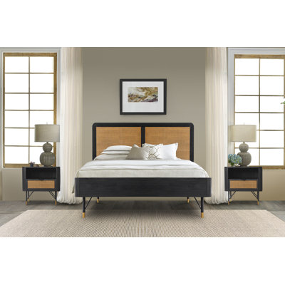 Ensemble de chambre à coucher 3 pièces Alfhild en bois d'acacia noir / brun et rotin