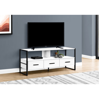 Meuble télé 48 po, meuble multimédia avec tiroirs de rangement, stratifié blanc et métal noir, design contemporain pour le salon de la chambre à coucher, pouvant accueillir une grande chambre de style télé, écran