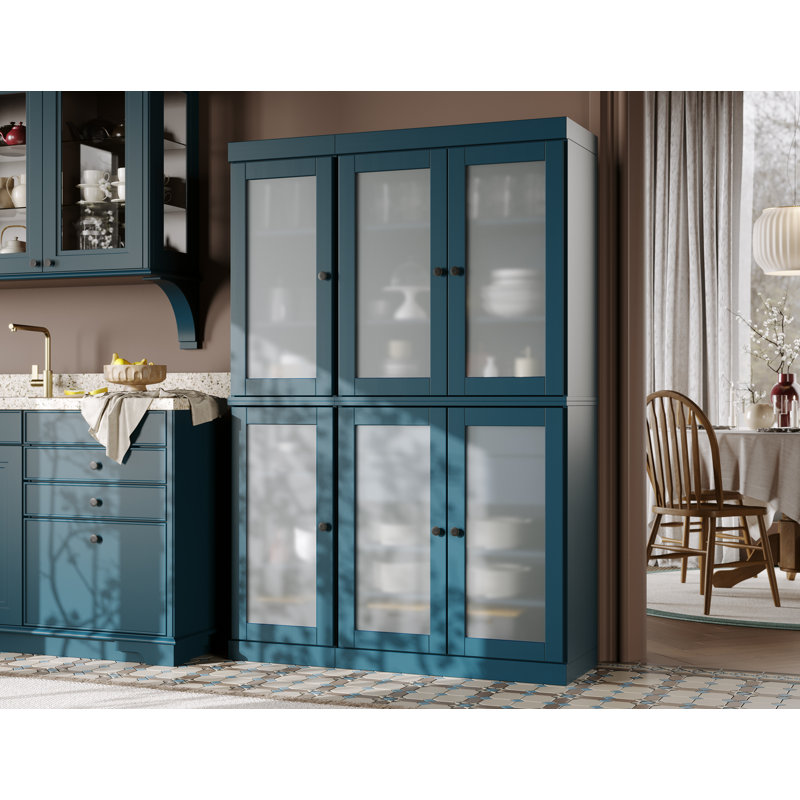 100% Solid Wood 48.5" Pantry Cabinet with Frosted Glass Doors, 2-Drawers and Adjustable Shelves, Teal Blue
