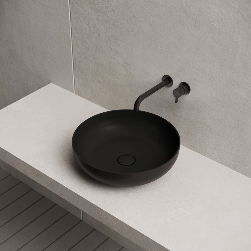 MonBlari 15" Round Solid Surface Bathroom Vessel Sink Matt Black, Matte Black