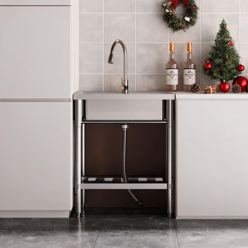 Freestanding Single Bowl Stainless Steel Kitchen Sink, 28 x 20 x 34 in