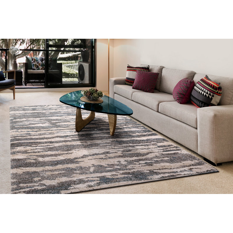 Tapis abstrait bleu / ivoire, Rectangle 5 pi 3 po x 7 pi 7 po
