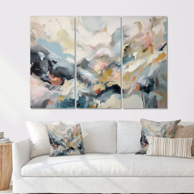 Gris et bleu, vagues vives fluides I - art mural abstrait